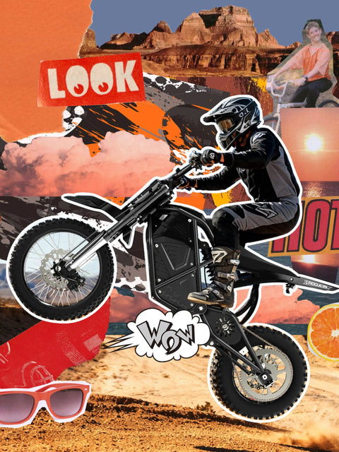 Rider on Electric Dirt Bike For Teens And Adults With 3500W Peak Power 38 MPH Top Speed 53 Mile Range 48V battery mid-jump over desert