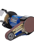 No Sweat Heavy Duty 2X36 Belt Grinder Attachment With One Horsepower Motor Bench Grinding Kit showing 1HP motor and sanding belt.