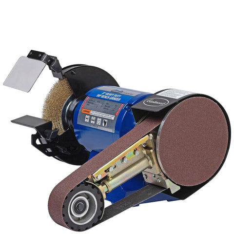 No Sweat Heavy Duty 2X36 Belt Grinder Attachment With One Horsepower Motor Bench Grinding Kit showing 1HP motor and sanding belt.