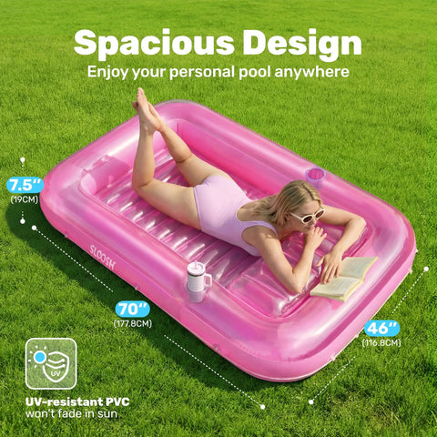 Person relaxing on pink Inflatable Tanning Pool Lounger With Pillow 70 By 46 Inches Personal Water Filled Float in backyard