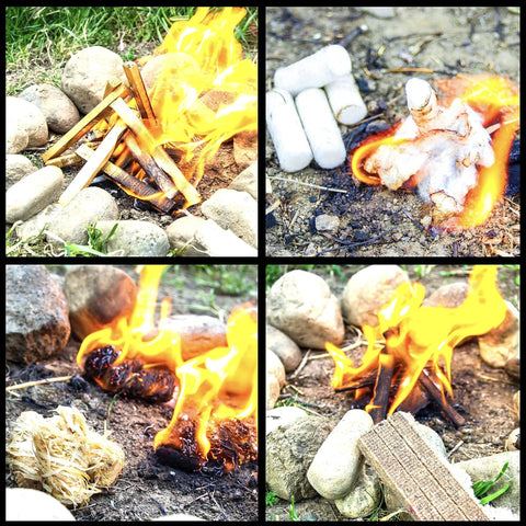 Fire Starter Kit With Ferro Rod And Magnesium Flint And Steel Survival Tool for Camping showing kindling and tinder in use