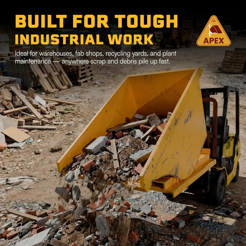 Commercial Grade 1 Cubic Yard Self Dumping Hopper Fits Standard Forklifts 6000 Lb Capacity dumping debris at worksite.