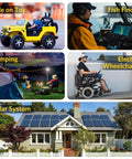Collage of uses for 12V 8Ah LiFePO4 Battery With Built In 5A BMS For Deep Cycle Power, including toys, fish finders, camping.