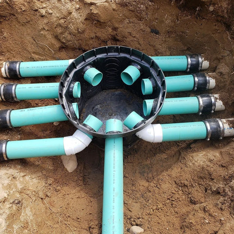 Installed Rhino 24 Inch Heavy Duty Catch Basin Kit With 24 Inch Grate, 10 Hole Box connected to green pipes for drainage.