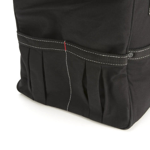 Close-up of black 20 Inch Durable Canvas Tool Tote for Painters Carpenters and Builders, highlighting exterior pockets.