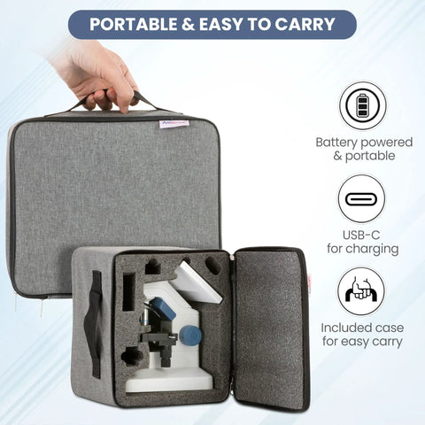 Carrying case of DM300HD 1200X Wireless Digital Microscope With 7 Inch IPS Screen X Y Stage For Kids And Students USB Port And 32GB Memory Card Ideal For Classrooms And Home Science Projects shown portable
