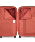 Open interior view of Delsey 26-inch spinner luggage showing compartments and organizer pockets, ideal for travel and packing efficiency.