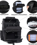Fishing Tackle Backpack With Rod Holders 40L showing detailed view of multiple pockets and organizer compartments.