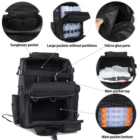 Fishing Tackle Backpack With Rod Holders 40L showing detailed view of multiple pockets and organizer compartments.