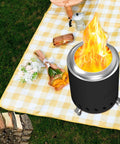 7.5 Inch Smokeless Tabletop Fire Pit Portable Mini Fire Bowl Dual Fuel No Fuss in use outdoors on picnic blanket