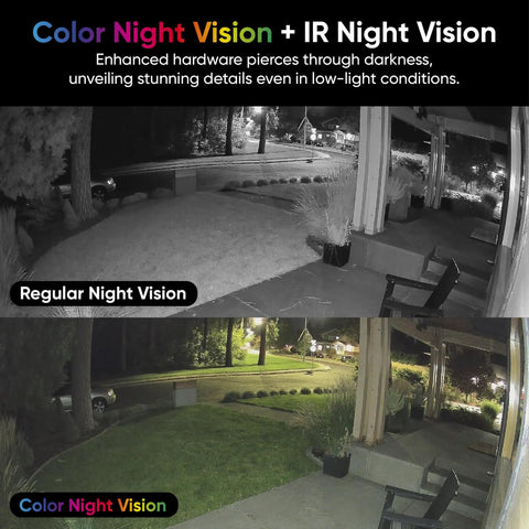 No Sweat Solar Security Camera Captures Crisp 2k Video Completely Wire Free Outdoor Build showing Color Night Vision and Regular Night Vision.