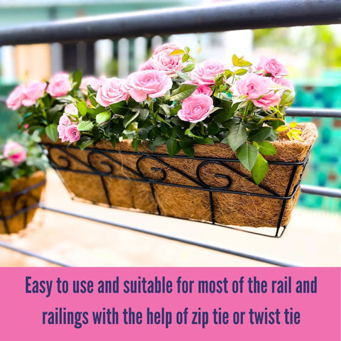 Two Pack 16 Inch Rectangular Metal Wall Planters For Outdoor Plants, Balcony Rail Garden Baskets With Coco Liners on railing
