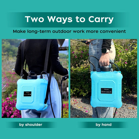 Two carrying options for Battery Powered Garden Sprayer 2 Gallon Electric Sprayer With USB Rechargeable Battery outdoors.