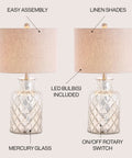 Alvord Mercury Silver Quatrefoil Glass Table Lamps Set of 2 Sleek Modern Nightstand Lighting With Grey Linen Drum Shades LED Bulbs