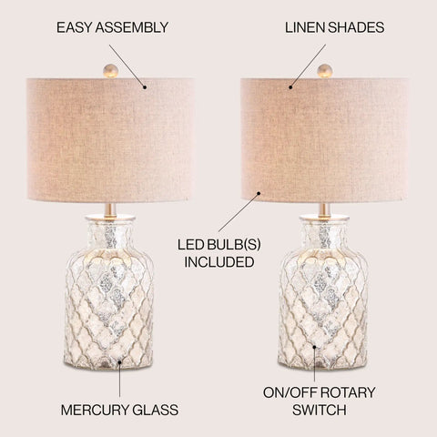 Alvord Mercury Silver Quatrefoil Glass Table Lamps Set of 2 Sleek Modern Nightstand Lighting With Grey Linen Drum Shades LED Bulbs