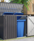 Outdoor Trash Can Storage Shed With 46 Cu Ft Capacity, Waterproof Horizontal Cabinet, showcasing open roof and stored bins.
