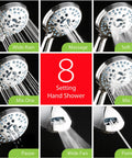 High Pressure Shower Head Combo With Rain And Handheld Modes Anti Clog Nozzles Extra Long Six Foot Hose 3 Way Water Flow Tile Pet Power Wash All Chrome Finish 8 settings