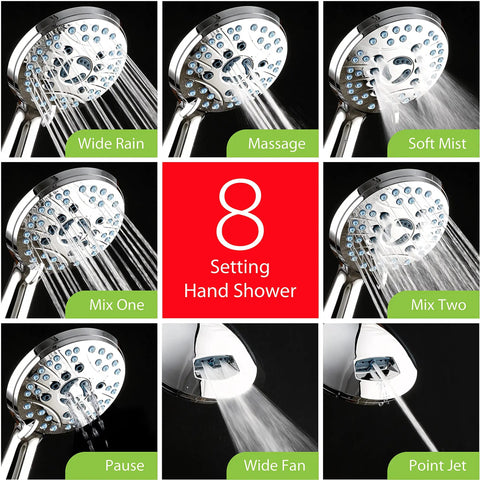 High Pressure Shower Head Combo With Handheld And Rain Head showing 8 settings including Wide Rain and Massage.