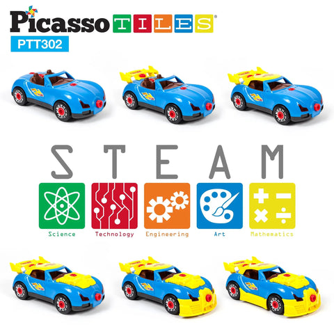 Take Apart Race Car Build Kit With LED Lights And Realistic Engine Sound Includes Mini Electric Drill And Screws For Quick Build Your Own 30 Piece DIY STEM Racing Car Set blue and yellow cars