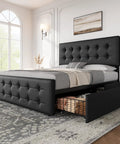 Absolute Game Changer Queen Size Platform Bed Frame With Durable Faux Leather Headboard And Four Smooth Roll Out Storage Drawers For Effortless Room Makeovers In Matte Black, showcasing sleek design and storage.