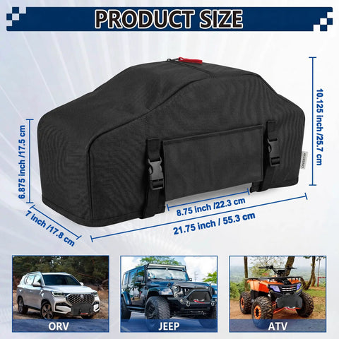 Cool Covertify Heavy Duty Winch Cover With Buckle, 600D Oxford Fabric for off road trucks and jeeps, shown with product size dimensions.