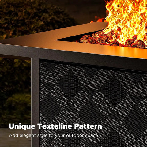 Close-up of 28 Inch Propane Fire Pit Table With 50000 BTU Heat Output CSA Certified Outdoor Gas Fire Pit with lava rocks and flame