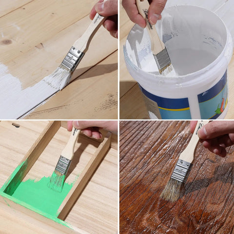 1 Inch Natural Bristle Paint Brush Set 16 Pack For Chip Painting Wood Stain And General Finishing Ergonomic Wooden Handle in use