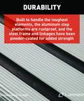 Alumi-Tread Triple Manual Step With No Slip Grips And Textured Surface For Solid Traction And Stability Built In Grab Handle Lightweight Aluminum RV Entry Step In Black, durability detail