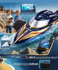 Two Pack 12 Inch RC Boat With Carry Case Saltwater Ready 30 KPH Speed Auto Flip 8 Shape Demo Perfect For Pool Lake Ocean Water Toy For Kids 8 Plus And Adults Red And Blue showing boys with controllers and features like water cooling and LED lights.