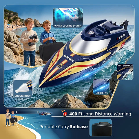Two Pack 12 Inch RC Boat With Carry Case Saltwater Ready 30 KPH Speed Auto Flip 8 Shape Demo Perfect For Pool Lake Ocean Water Toy For Kids 8 Plus And Adults Red And Blue showing boys with controllers and features like water cooling and LED lights.