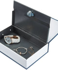 Portable Book Safe Hideaway Stash Box Disguised As A Real Book With Key Lock For Valuables Large Blue Hidden Storage on bookshelf with jewelry inside