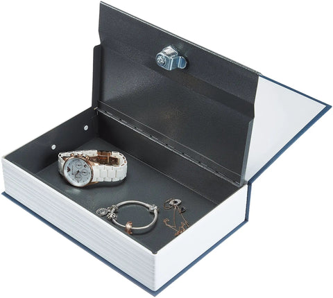 Portable Book Safe Hideaway Stash Box Disguised As A Real Book With Key Lock For Valuables Large Blue Hidden Storage on bookshelf with jewelry inside