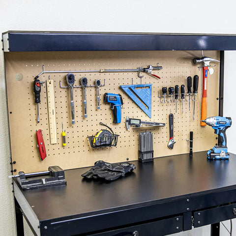 100 Piece Metal Pegboard Hooks And Accessories Set For One Eighth And One Quarter Inch Peg Boards on garage wall with tools