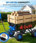 900 Pound Capacity Garden Dump Cart With 10 Inch Non Slip Pneumatic Tires Built Tough Heavy Duty 4 Wheel Wheelbarrow Cart Quick Release System Steel Frame Wagon For Yard Farm Garden Hauling with wooden slats and logs.