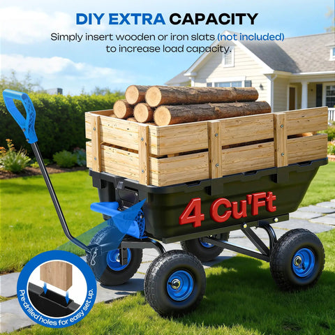 900 Pound Capacity Garden Dump Cart With 10 Inch Non Slip Pneumatic Tires Built Tough Heavy Duty 4 Wheel Wheelbarrow Cart Quick Release System Steel Frame Wagon For Yard Farm Garden Hauling with wooden slats and logs.