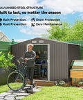 Person standing by 9x6 Outdoor Metal Storage Shed With Foundation Kit, Double Lockable Doors, Air Vents, Sloping Roof, for garden.