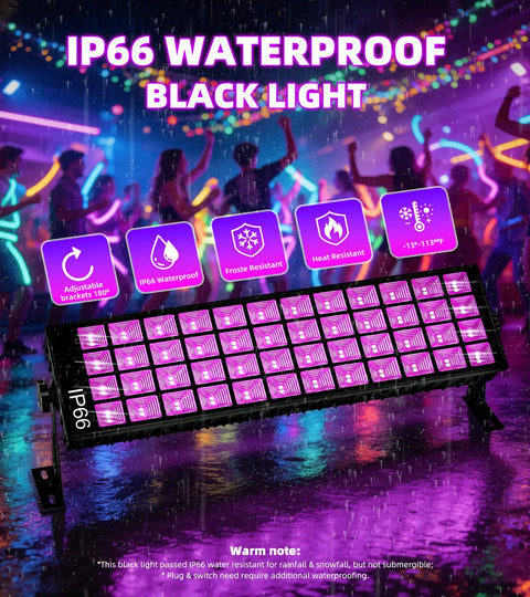 120W IP66 Waterproof Black Light With Plug Switch And 6ft Cord 105 LED UV Blacklight in use at neon glow party