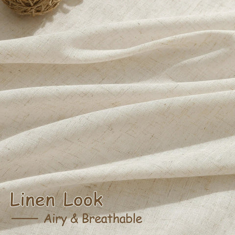 Close-up of Birch Beige Linen Curtains 84 Inches Long Light Filtering Semi Sheer Back Tab Drapes with fabric texture detail