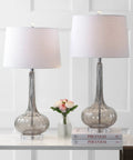 Smoke Gray Glass Teardrop LED Table Lamps Set of 2, 28.5-Inch Tall with White Linen Shade in a living room setting