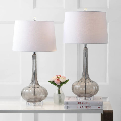 Smoke Gray Glass Teardrop LED Table Lamps Set of 2, 28.5-Inch Tall with White Linen Shade in a living room setting