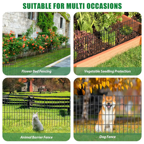 30 Pack Decorative Garden Fence Panels Set For Yard And Garden, 32.5 Ft Of Coverage, 17 Inch High Panels used in various outdoor settings.