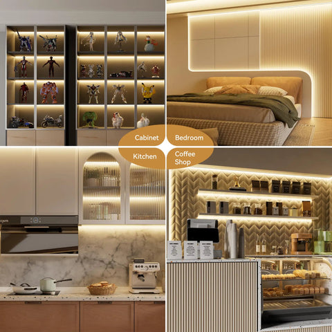 Ultra Bright 40ft COB LED Strip Lights 504 LEDs/m Warm White 3000K CRI90 Plus Flexible Tape installed in home and cafe cabinets