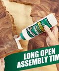 Hands applying Titebond III Wood Glue 4 Oz Tan for projects and repairs on a wooden surface, highlighting water-resistant bond.