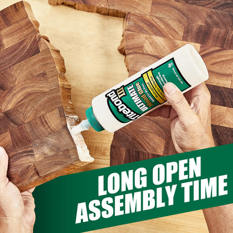 Hands applying Titebond III Wood Glue 4 Oz Tan for projects and repairs on a wooden surface, highlighting water-resistant bond.