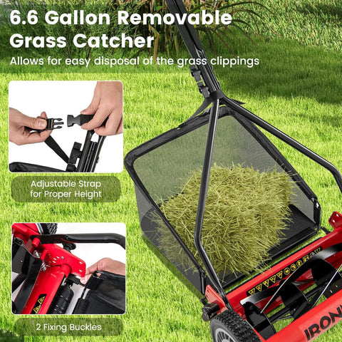 Red 14 Inch 5 Blade Push Reel Mower With Removable Grass Catcher For Small To Medium Yards Durable Steel Blades Clean Cuts Easy Maneuver Quiet Eco Friendly Lawn Care, 6.6-gallon bag