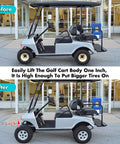 Crush Every Bump And Clean Up Your Cart Setup With This Heavy Duty One Inch Front End Lift Block Built For Club Car Ds Gas And Electric Models Featuring Precision Billet Aluminum Construction For Rock Solid Low Profile Tire Clearance in before and after comparison showing golf cart lifted one inch.