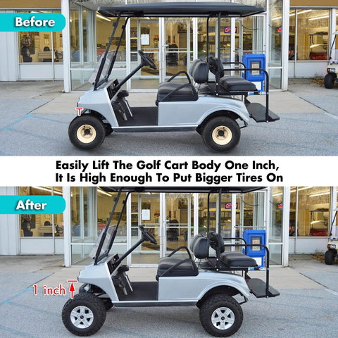 Crush Every Bump And Clean Up Your Cart Setup With This Heavy Duty One Inch Front End Lift Block Built For Club Car Ds Gas And Electric Models Featuring Precision Billet Aluminum Construction For Rock Solid Low Profile Tire Clearance in before and after comparison showing golf cart lifted one inch.