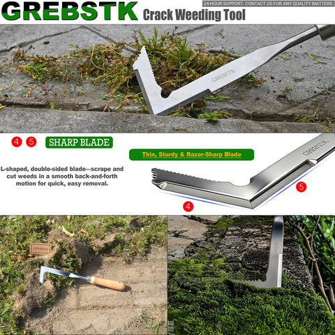 L Shaped Double Sided Beech Handle Stainless Steel Crevice Weeder Manual Weeding Tool for tight gaps in patio stones