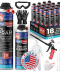 Pro Grade Knockout Spray Foam Insulation Kit With Teflon Spray Gun And Quick Rinse Cleaner 18 Pack includes spray cans, safety gear, and cleaning tools.