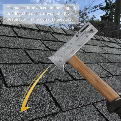 Heavy Duty Magnetic Roofing Hammer For Hands Free Hustle Powerful Nail Magnet securing a nail on shingles for accurate placement.